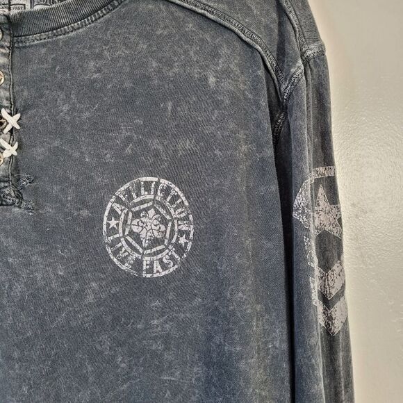 Affliction Men's Long Sleeve Shirt Graphite Grunge Distressed Cross Wings Medium - Picture 3 of 8